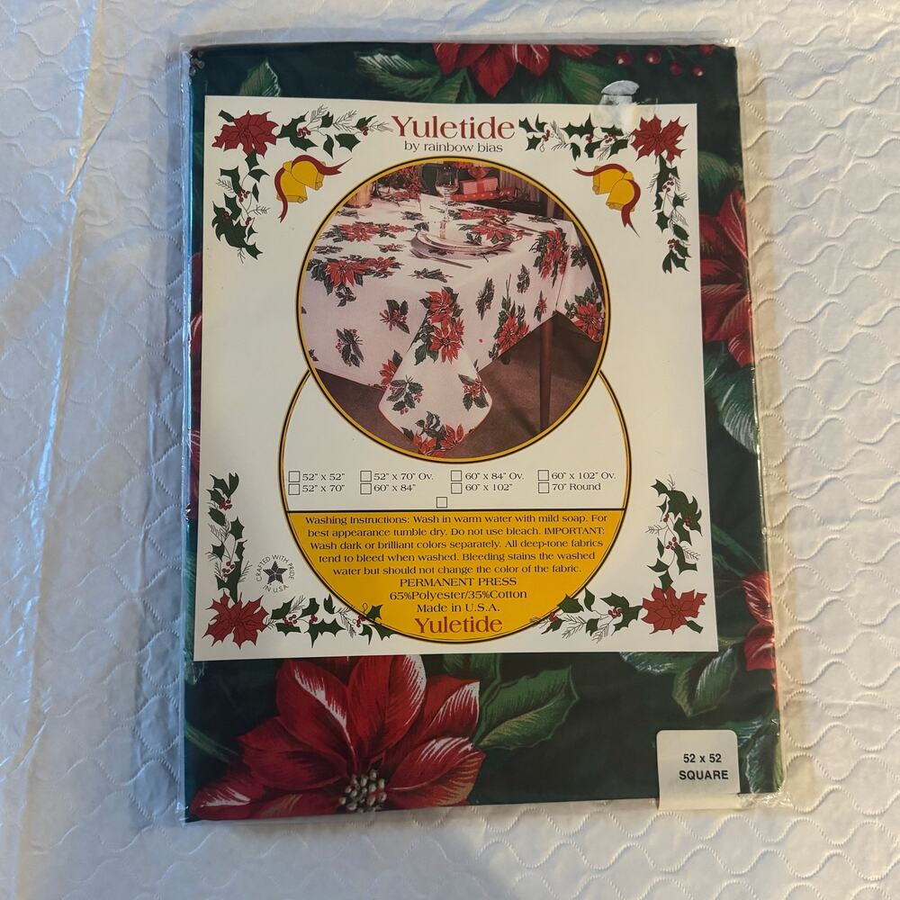 NOS Sealed‎ Vintage Christmas Vinyl Tablecloth Square 52" x 52" Poinsettia Holly